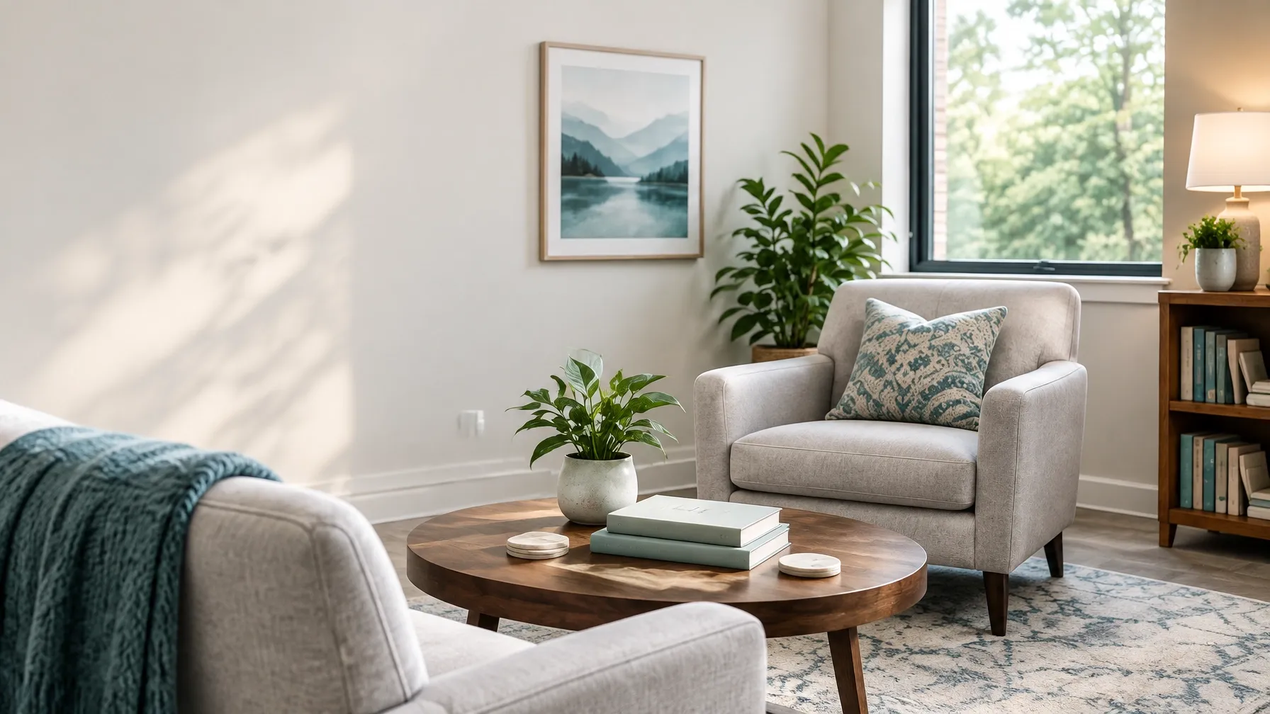 A bright, welcoming counseling room with a comfortable chair and natural light